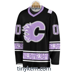 Calgary Flames Customized Hockey Fight Cancer Lavender V-neck Long Sleeves Jersey