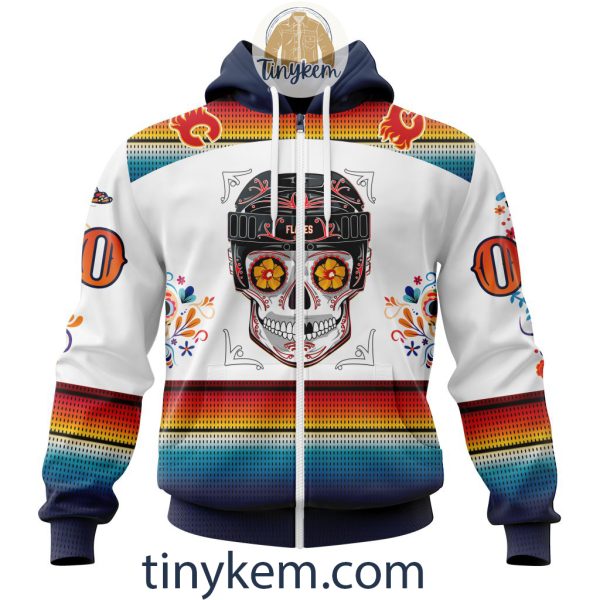 Calgary Flames With Dia De Los Muertos Design On Custom Hoodie, Tshirt