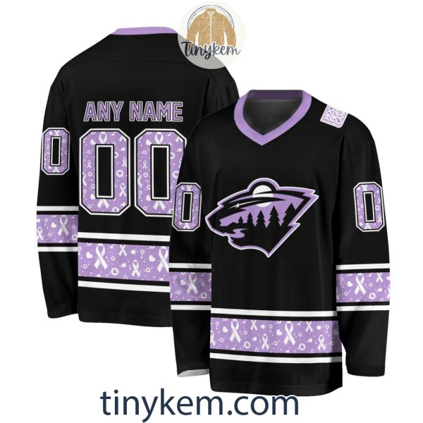 Minnesota Wild Customized Hockey Fight Cancer Lavender V-neck Long Sleeves Jersey