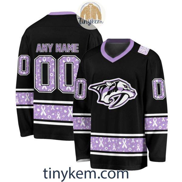 Nashville Predators Customized Hockey Fight Cancer Lavender V-neck Long Sleeves Jersey