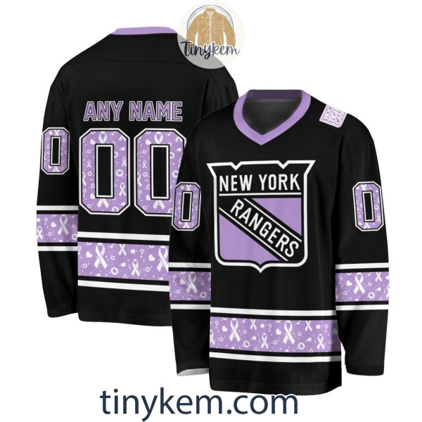 New York Rangers Customized Hockey Fight Cancer Lavender V-neck Long Sleeves Jersey