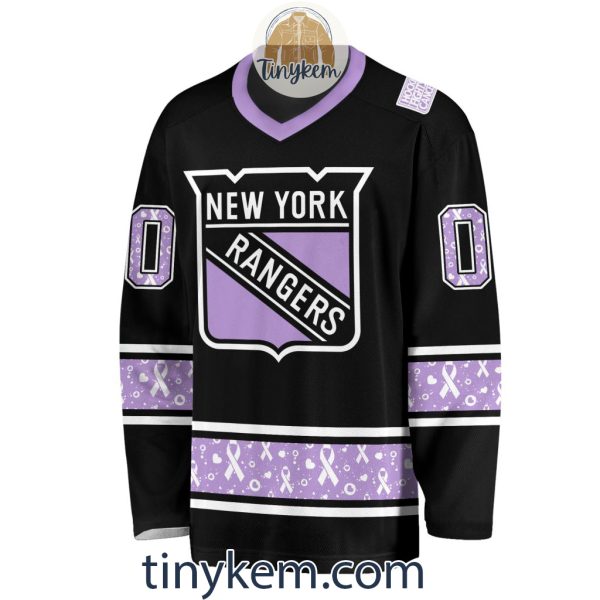 New York Rangers Customized Hockey Fight Cancer Lavender V-neck Long Sleeves Jersey