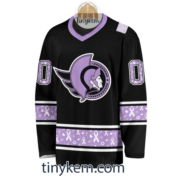 Ottawa Senators Customized Hockey Fight Cancer Lavender V-neck Long Sleeves Jersey