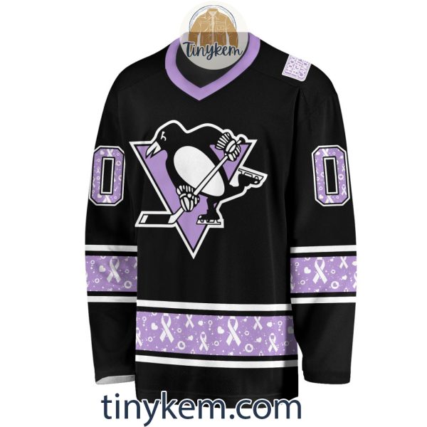 Pittsburgh Penguins Customized Hockey Fight Cancer Lavender V-neck Long Sleeves Jersey