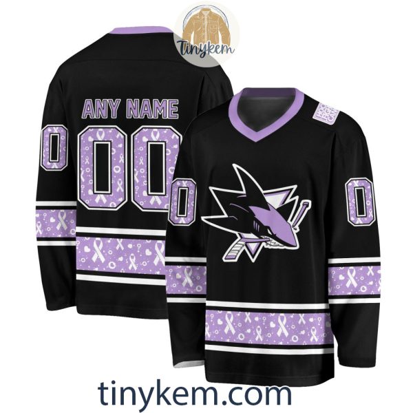 San Jose Sharks Customized Hockey Fight Cancer Lavender V-neck Long Sleeves Jersey