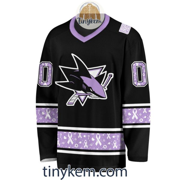 San Jose Sharks Customized Hockey Fight Cancer Lavender V-neck Long Sleeves Jersey