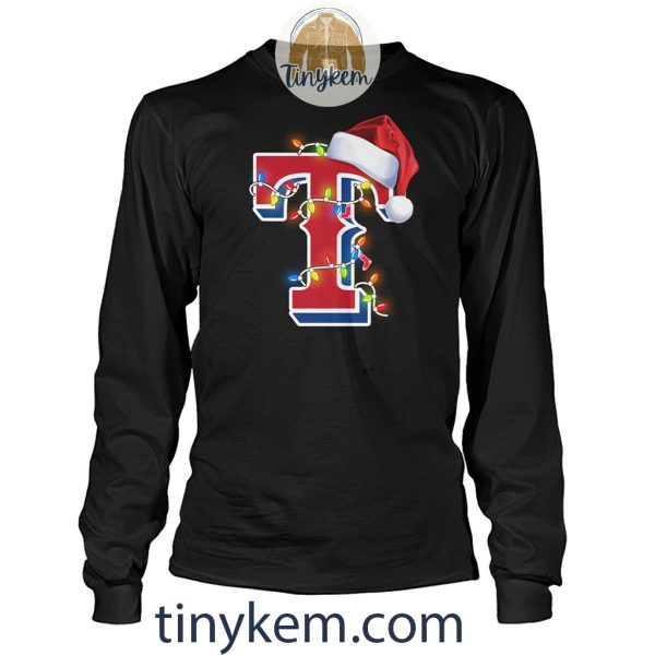Texas Rangers With Santa Hat And Christmas Light Shirt
