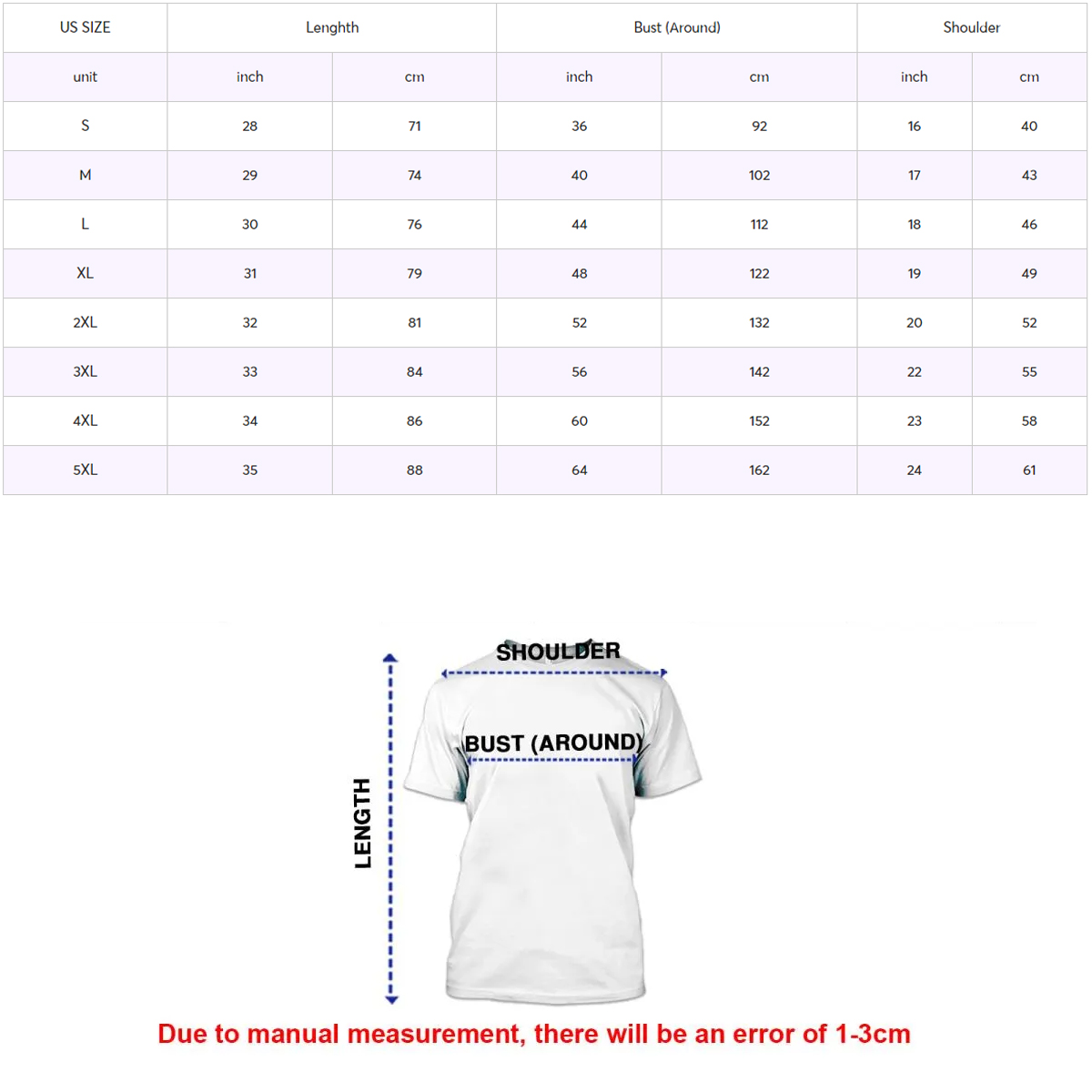 Unisex Tshirt size chart