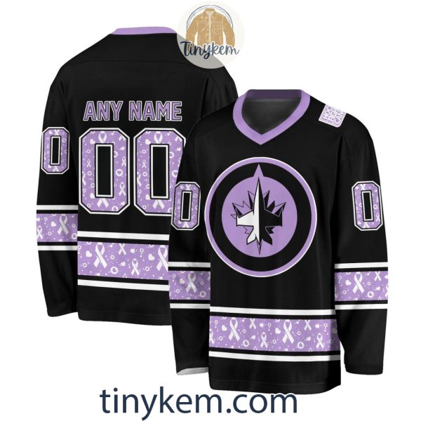 Winnipeg Jets Customized Hockey Fight Cancer Lavender V-neck Long Sleeves Jersey