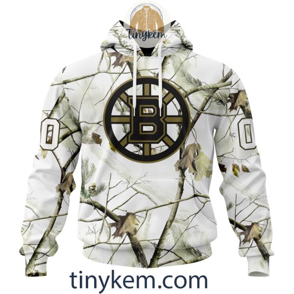 Boston Bruins Customized Hoodie, Tshirt With White Winter Hunting Camo Design