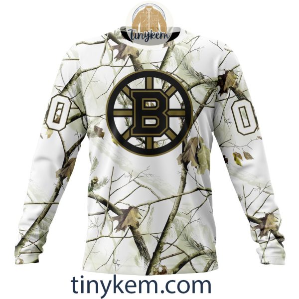 Boston Bruins Customized Hoodie, Tshirt With White Winter Hunting Camo Design