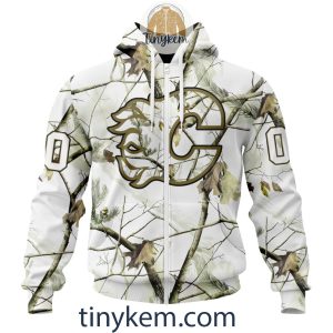 Calgary Flames Customized Hoodie, Tshirt With White Winter Hunting Camo Design