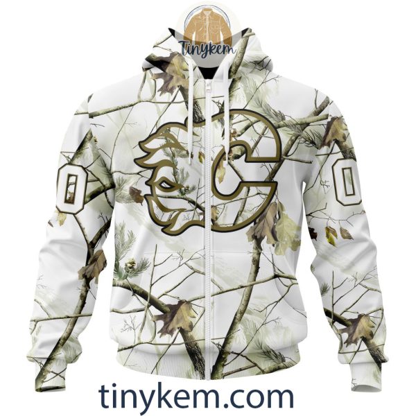 Calgary Flames Customized Hoodie, Tshirt With White Winter Hunting Camo Design