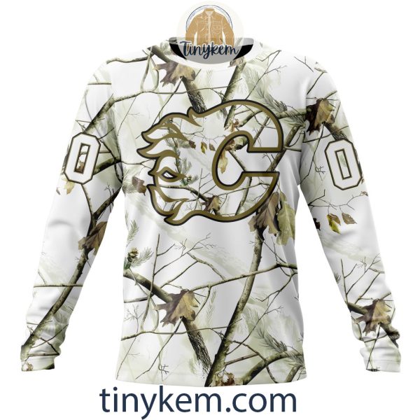 Calgary Flames Customized Hoodie, Tshirt With White Winter Hunting Camo Design