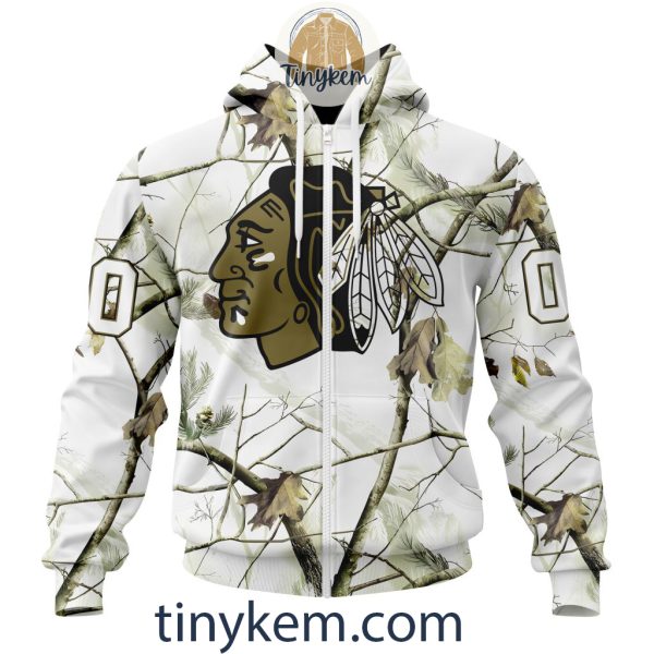 Chicago Blackhawks Customized Hoodie, Tshirt With White Winter Hunting Camo Design