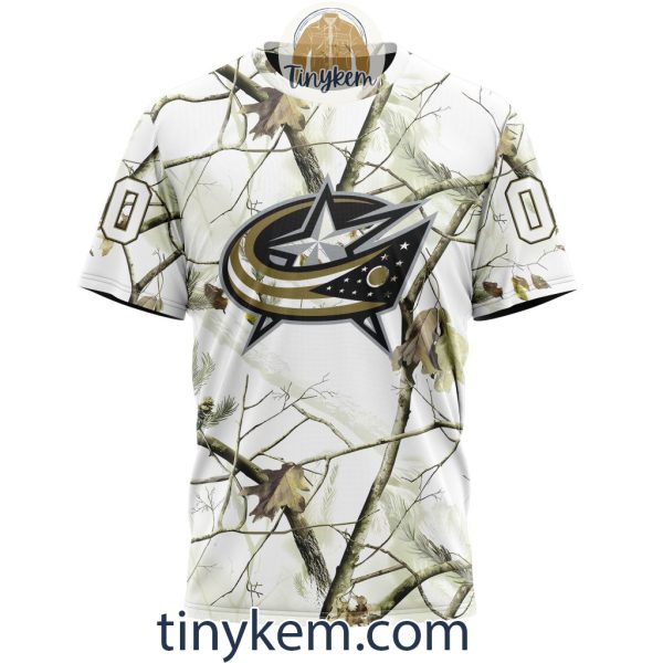 Columbus Blue Jackets Customized Hoodie, Tshirt With White Winter Hunting Camo Design