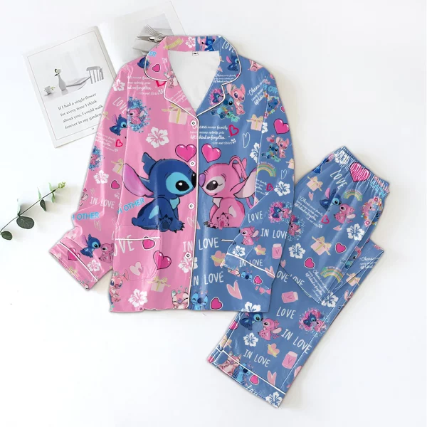Cute Stitch Valentine Pajamas Set In Pink and Blue