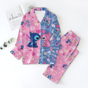 Cute Stitch Valentine Pajamas Set In Pink and Blue2B4 NT5L1