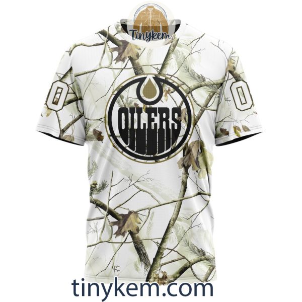 Edmonton Oilers Customized Hoodie, Tshirt With White Winter Hunting Camo Design