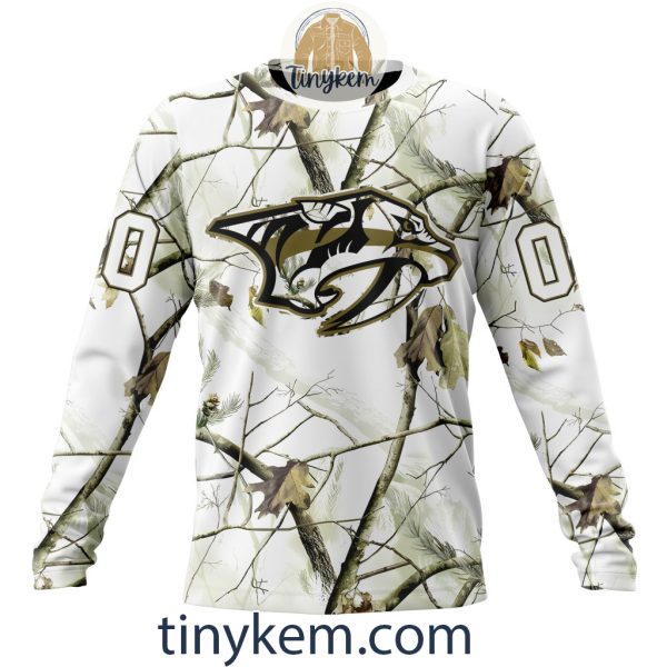 Nashville Predators Customized Hoodie, Tshirt With White Winter Hunting Camo Design