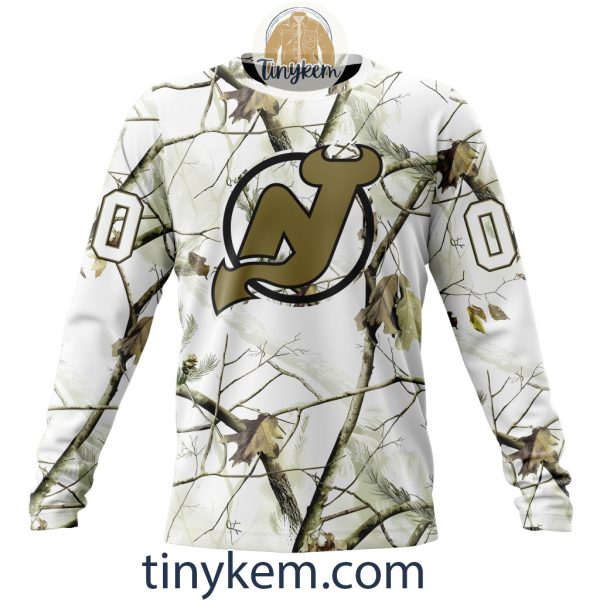 New Jersey Devils Customized Hoodie, Tshirt With White Winter Hunting Camo Design