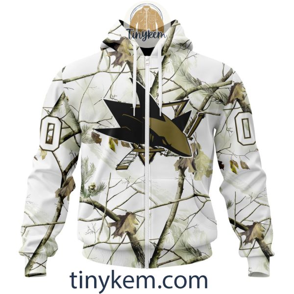 San Jose Sharks Customized Hoodie, Tshirt With White Winter Hunting Camo Design