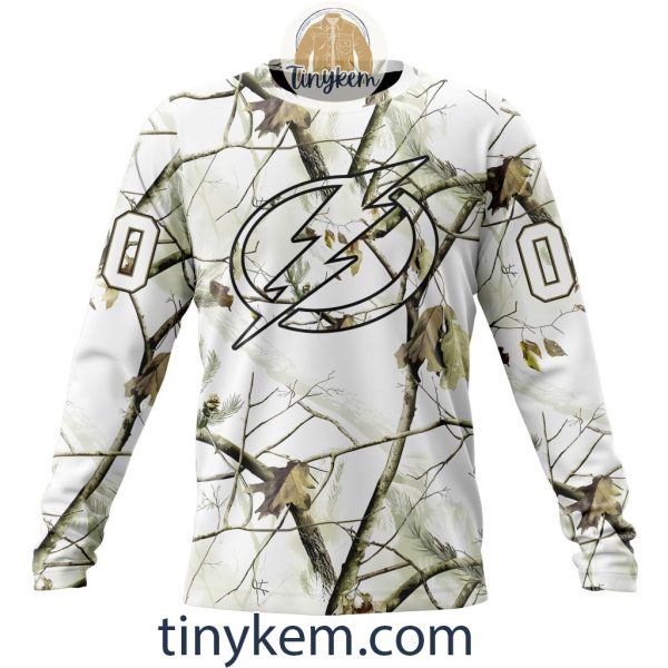 Tampa Bay Lightning Customized Hoodie, Tshirt With White Winter Hunting Camo Design