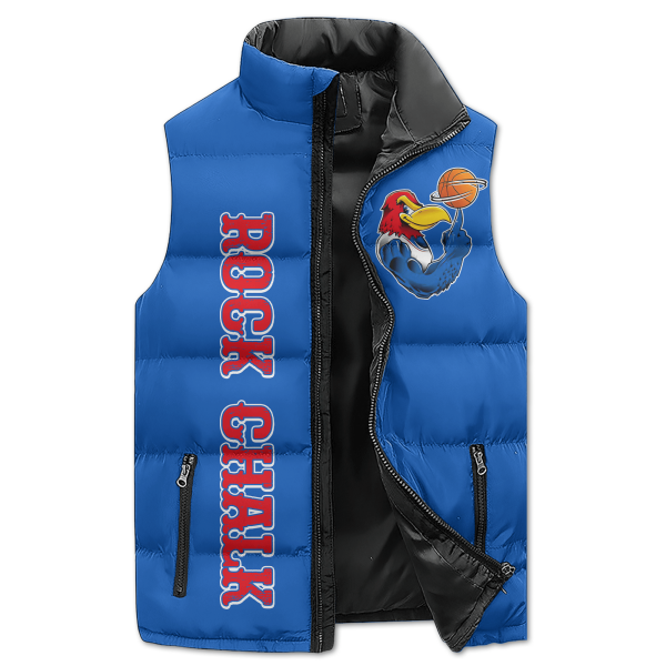 Kansas Jayhawks Basketball Puffer Sleeveless Jacket: Rock Chalk Pay Heed