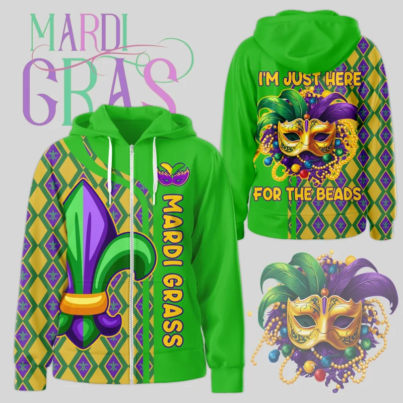 Mardi Gras Zipper Hoodie: I'm Just Here For The Beads - Tinykem