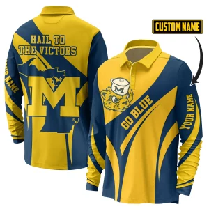 Michigan Wolverines Long Sleeve Polo Shirt: Hail to The Victor