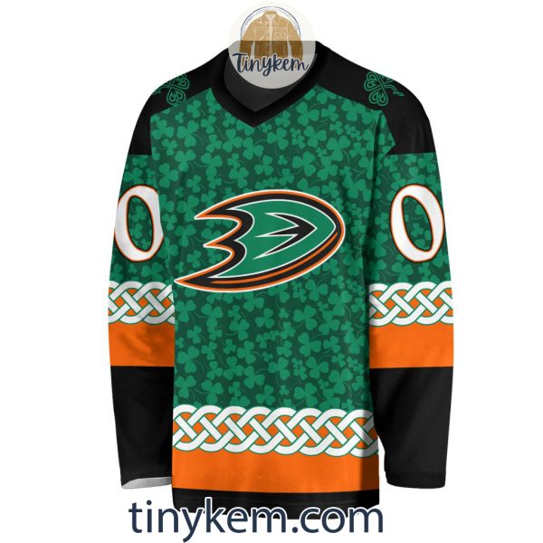Anaheim Ducks Customized St.Patrick’s Day Design Vneck Long Sleeve Hockey Jersey