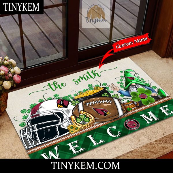 Arizona Cardinals St Patricks Day Doormat With Gnome and Shamrock Design