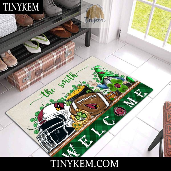 Arizona Cardinals St Patricks Day Doormat With Gnome and Shamrock Design