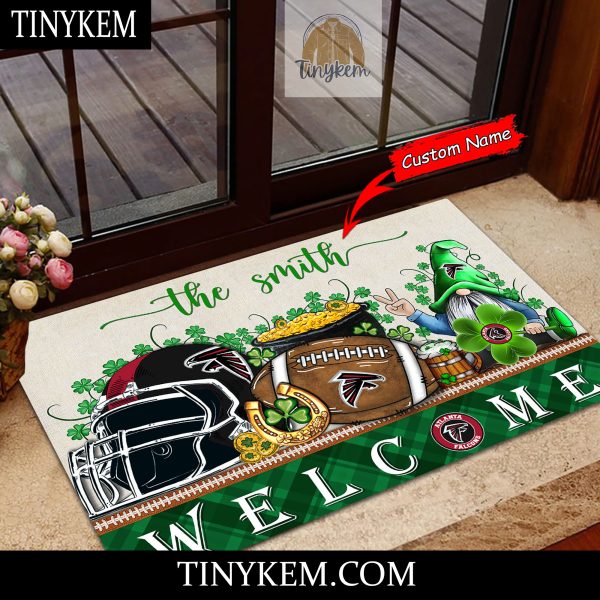 Atlanta Falcons St Patricks Day Doormat With Gnome and Shamrock Design