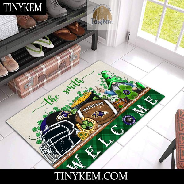 Baltimore Ravens St Patricks Day Doormat With Gnome and Shamrock Design
