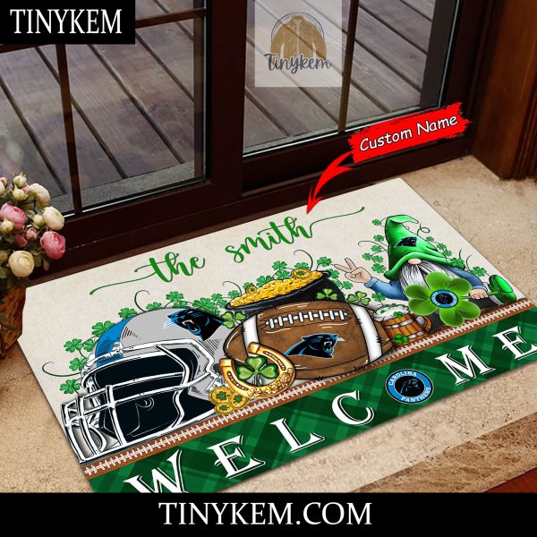 Carolina Panthers St Patricks Day Doormat With Gnome and Shamrock Design