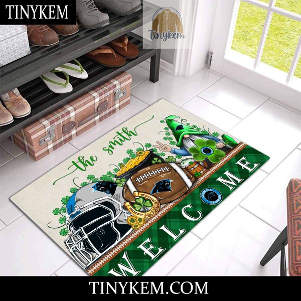 Carolina Panthers St Patricks Day Doormat With Gnome and Shamrock Design