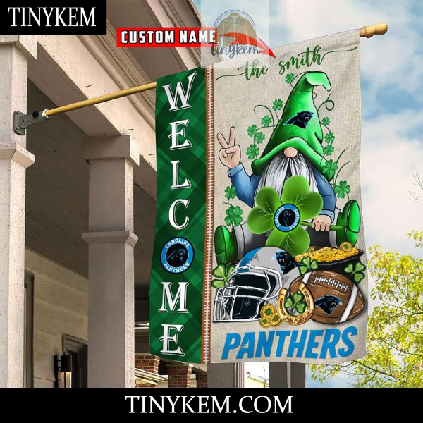 Carolina Panthers With Gnome Shamrock Custom Garden Flag For St Patricks Day