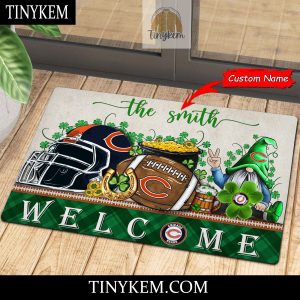 Chicago Bears St Patricks Day Doormat With Gnome and Shamrock Design