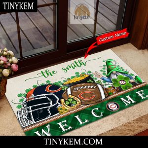 Chicago Bears St Patricks Day Doormat With Gnome and Shamrock Design