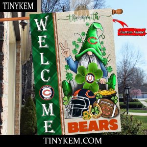 Chicago Bears With Gnome Shamrock Custom Garden Flag For St Patricks Day2B2 LGe0Q