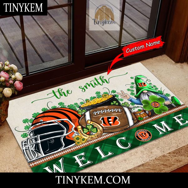 Cincinnati Bengals St Patricks Day Doormat With Gnome and Shamrock Design