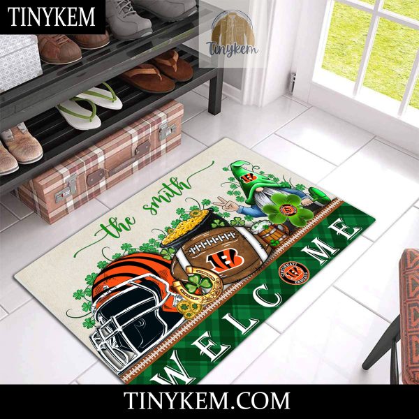 Cincinnati Bengals St Patricks Day Doormat With Gnome and Shamrock Design