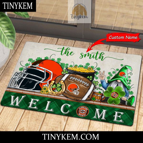 Cleveland Browns St Patricks Day Doormat With Gnome and Shamrock Design