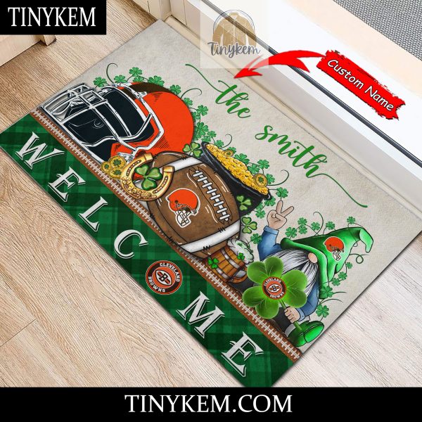 Cleveland Browns St Patricks Day Doormat With Gnome and Shamrock Design