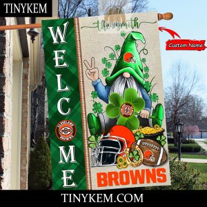 Cleveland Browns With Gnome Shamrock Custom Garden Flag For St Patricks Day