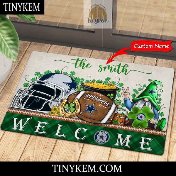 Dallas Cowboys St Patricks Day Doormat With Gnome and Shamrock Design