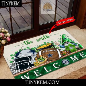 Dallas Cowboys St Patricks Day Doormat With Gnome and Shamrock Design2B2 Wee1g