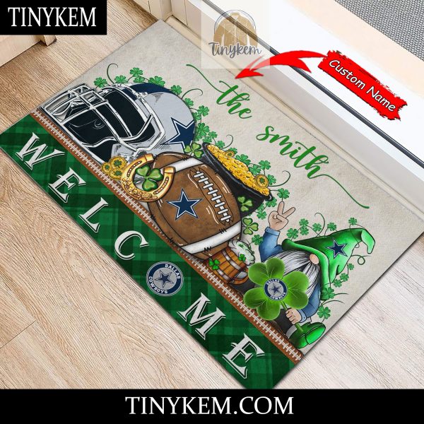 Dallas Cowboys St Patricks Day Doormat With Gnome and Shamrock Design