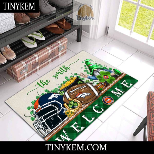 Denver Broncos St Patricks Day Doormat With Gnome and Shamrock Design